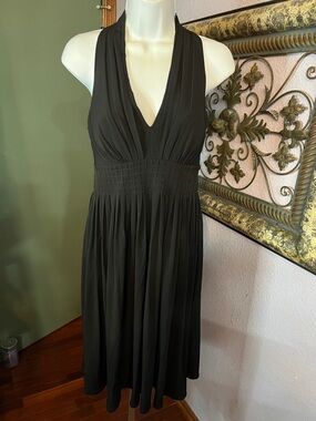 Calvin Klein Black Halter V-Neck Pleated Full Skirt Midi Dress Sz 6